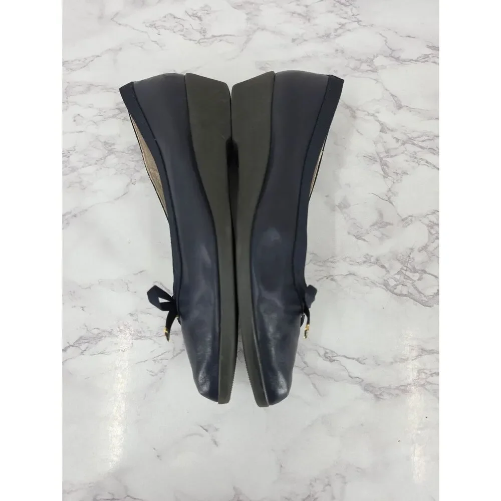 Bally Belle Leather Navy Blue Gold Tone Bow-Accent Women's Low Wedge Ballet Flat - Picture 5 of 14